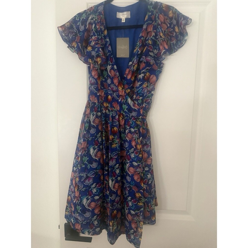 Anthropologie Moulinette Souers Silk Wrap Dress Sz 6  Blue Floral Pleated
